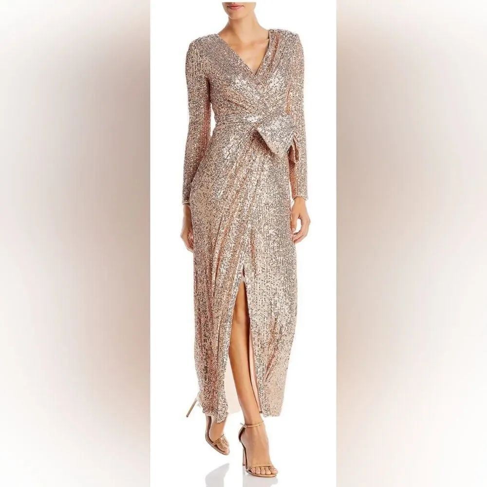Eliza J Long Sleeve V-Neck Sequin Wrap Bow Gown NWT sz 10 Champagne